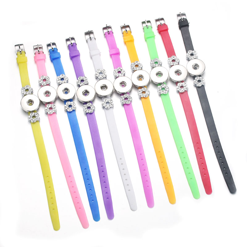 Snap Jewelry Candy Colors Silicone Snap Button Bracelet For Women Children Stainless Steel Flower Charms Button Bracelet 7625