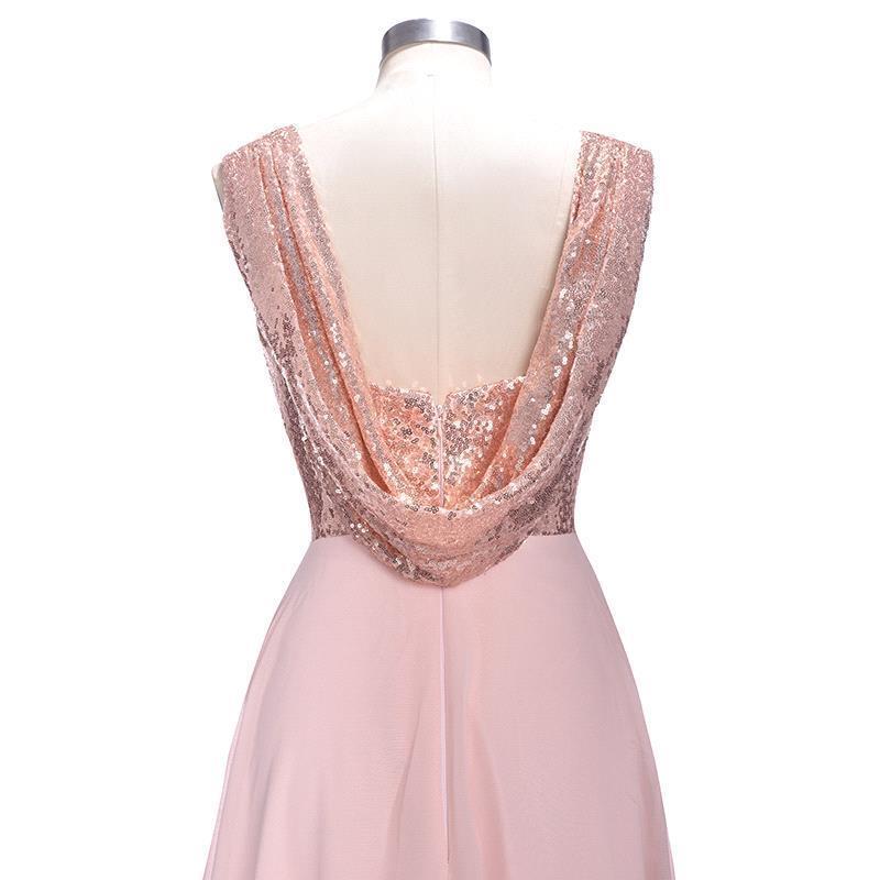 Real Image Sparkly Sequin Spaghetti Straps Long Bridesmaid Dresses Ruched Chiffon Floor Length Wedding Guest Maid Of Honor Dresses BA4910