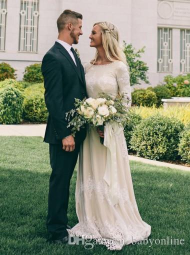 Beach A Newest Line Dresses Country Style Scoop Lace Applique Long Sleeves Sweep Train Bridal Gowns Wedding Dress Vestidos De Novia Pplique