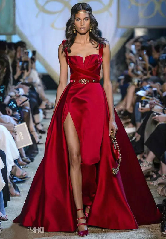 Elie Saab Red Prom Dresses Sweetheart Side Split Evening Gowns with Detachable Train Customized Satin Formal Dresses