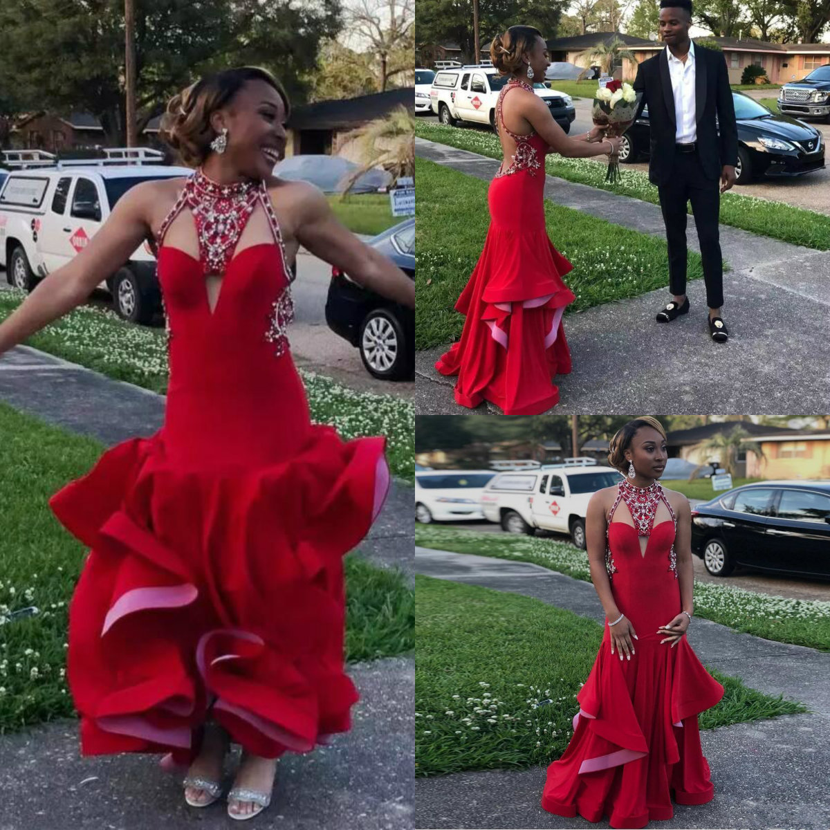 Sexy Red Prom Dresses Saudi African Halter Beads Mermaid Evening Dress Long Custom Made Sexy Back Ruffle Formal Dresses Party Wear
