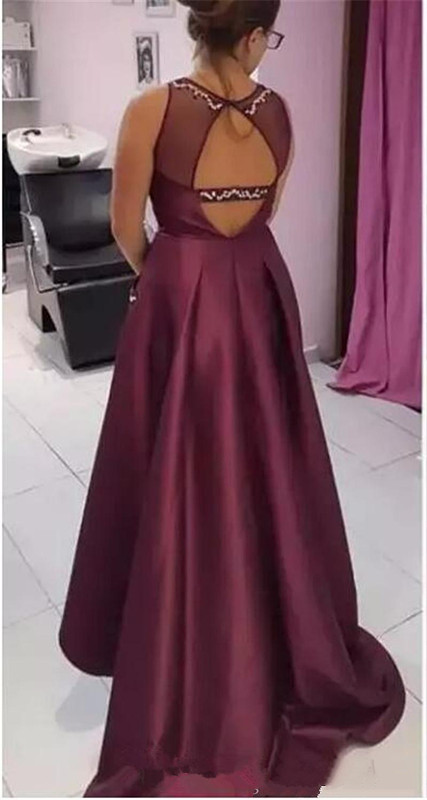 Burgundy High Low Prom Dresses Sheer Neck Backless Maid of Honor Gowns Sequins Beaded Formal Party Dress Evening Gowns