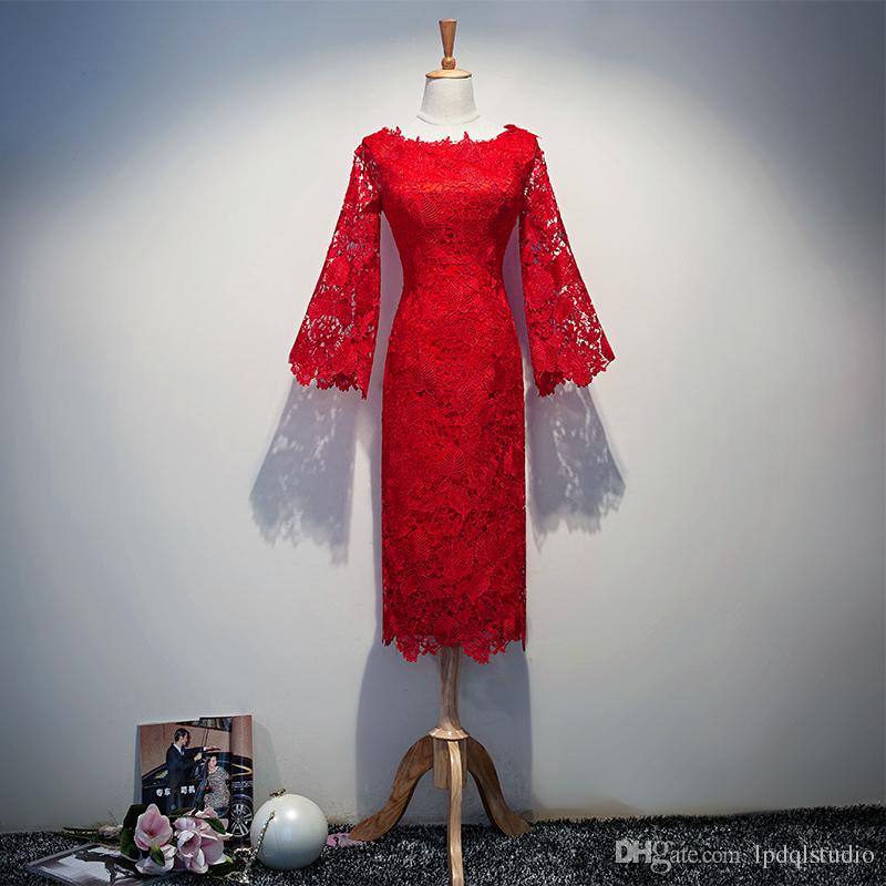 Elegant Royal Blue Lace Mother of the Bride Dresses Tea Length Long Sleeves Party Cocktail Dresses Fall Winter Pale Pink,Green