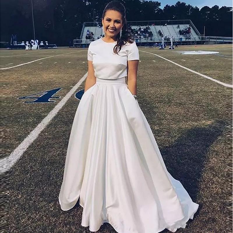 Two Pieces Long Prom Dresses with Short Sleeves Satin Sweep Train Formal Evening Party Gowns Cheap Prom Dress