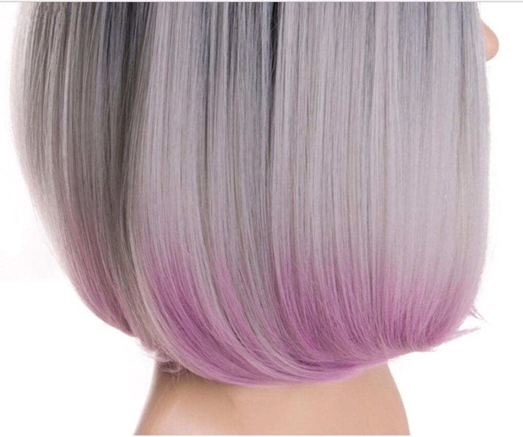 Beatiful BOB Gray Ombre Hair Short Synthetic Straight Wig Hairstyle Hightemperature for Party