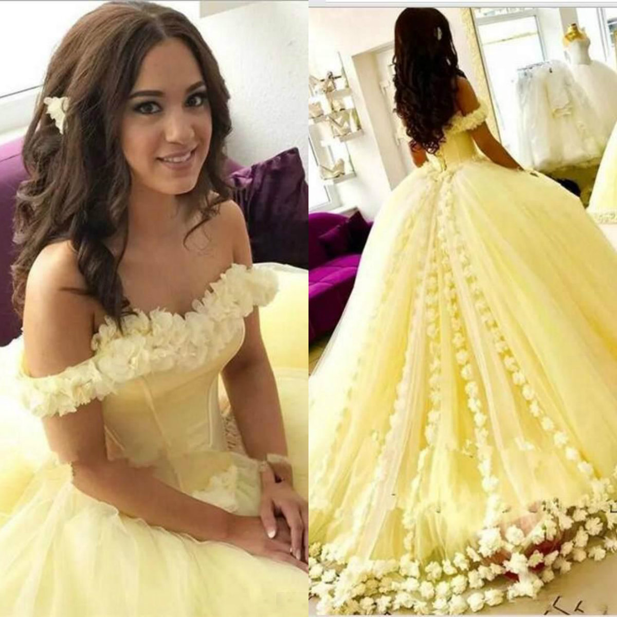 Princess Yellow Ball Gown Prom Dress With Off Shoulder Floral Appliques Beaded Sweep Train Formal Gowns Evening Dresses