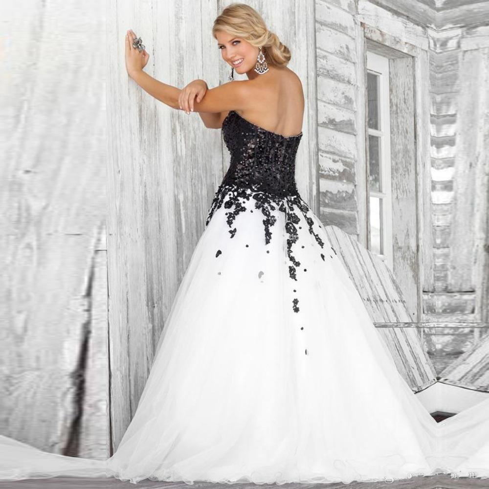 Black And White Wedding Dresses Sweetheart Neckline Lace Applique Sequined Fashion Bridal Gowns Custom Made Size 0521