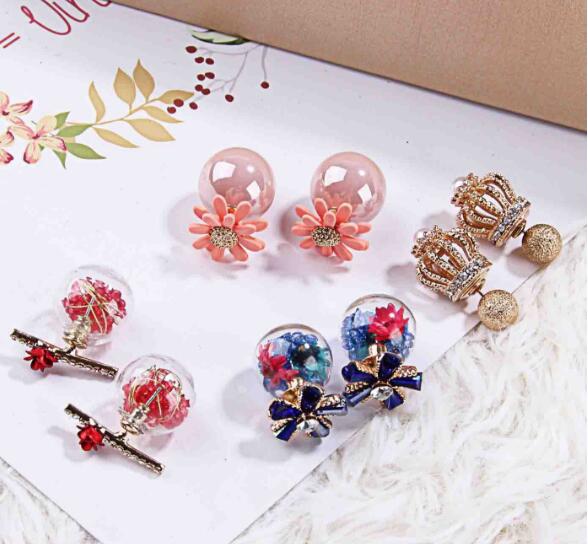 Fashion jewelry mix 20 style 20Pairs/lot delicate Crystal Pearl Double sided Earrings Opal gemstone screw Earrings Fit girl Madam