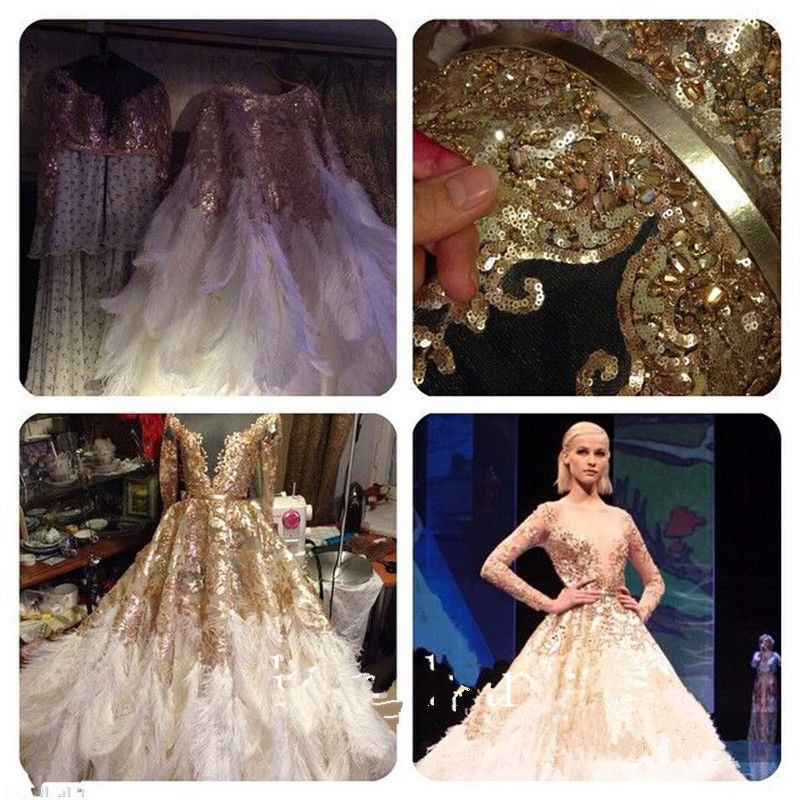 Luxury Feather Wedding Dresses Gold Long Sleeves Bridal Gowns Custom Bling Crystal Lace Vestido De Noiva