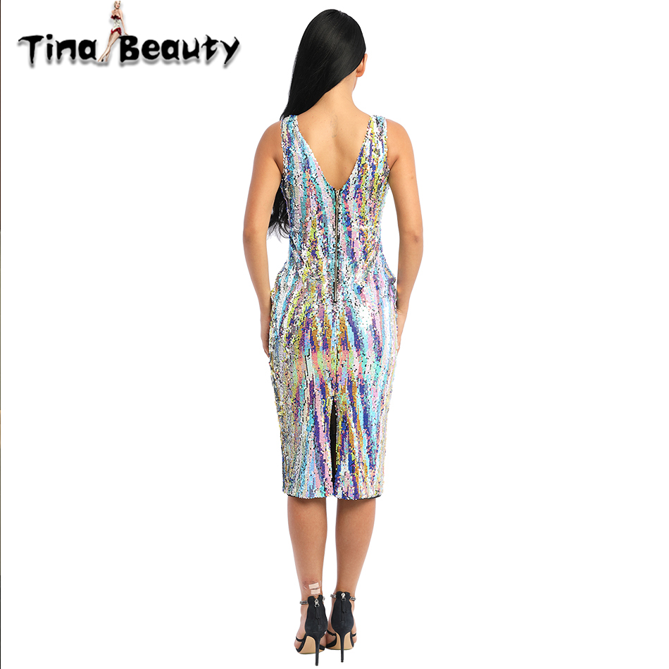 Tina Beauty Celebrity Angel Brinks Dress Women Rainbow Sequined Midi Dresses Sexy Shimmer Sleeveless V Neck Split Bodycon Dress