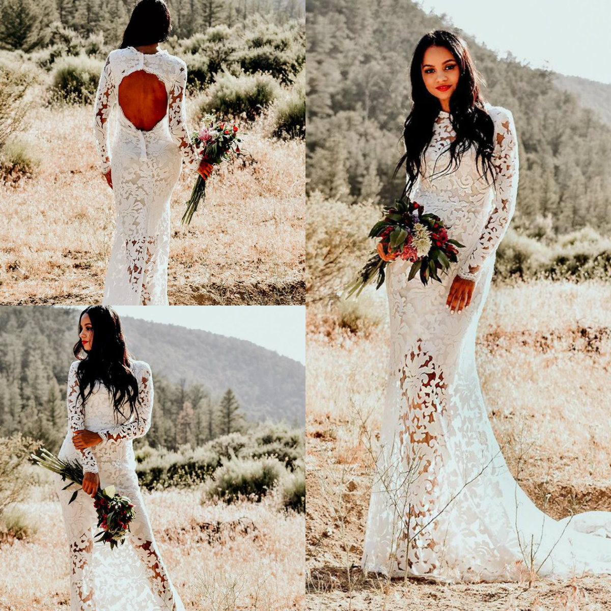 Modest Mermaid Wedding Dresses Jewel Neck Long Sleeve Hollow Back Chapel Train Country Bridal Gowns Garden Plus Size Wedding Dress