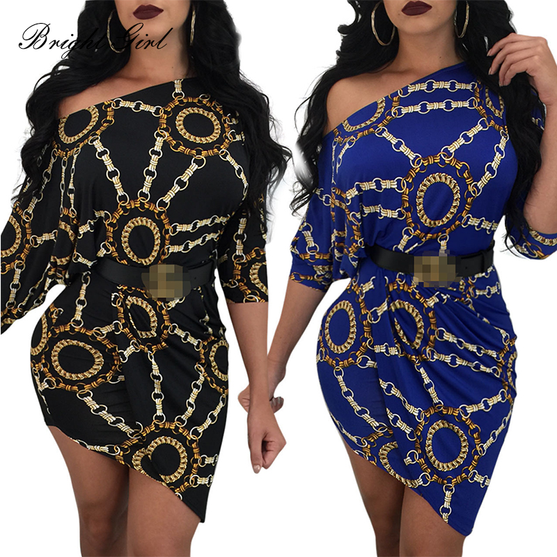 BRIGHT GIRL Women Sexy Dress Summer Causal Dresses For Ladies Chain Print Slash Neck Dress Mini Party Vestidos Female Clothes