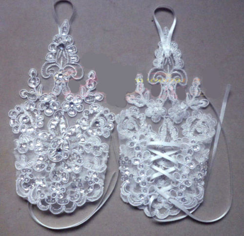 Hot 100% Real Crystal New Arrival Cheap In Stock Lace Appliques Beads Fingerless Wrist Length With Ribbon Bridal Gloves Wedding Accessories