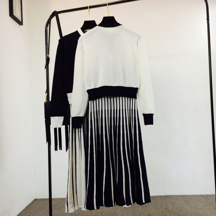 New spring autumn fashion womens elegant black white color block bow collar pearl buttons knitted sweater and pleated long skirt dress suit