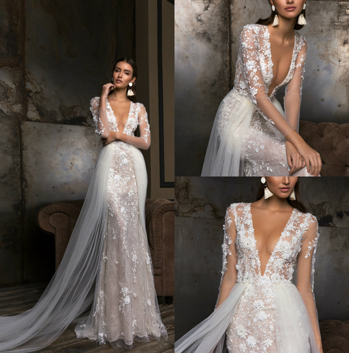 Julie Vino Beach Mermaid Wedding Dresses With Overskirts V Neck Long Sleeve Bridal Gowns Floor Length Lace Appliqued Wedding Dress, Custom made from color chart
Julie Vino Beach Mermaid Wedding Dresses With Overskirts V Neck Long Sleeve Bridal Gowns Floor Length Lace Appliqued Wedding Dress, Custom made from color chart