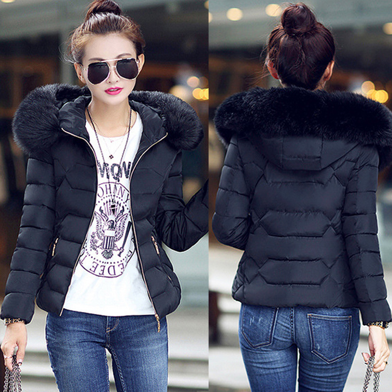 Fashion Parkas Women Winter Slim Hooded Jacket Big Fur Collar Coats Cotton Padded Parka Female Warm Short Outwear DWT4583 S18101504