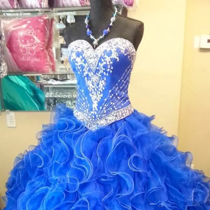 2018 Sexy Ball Gown Royal Blue Quinceanera Dresses Two Pieces Crystals Beading Ruffles Organza Puffy Sexy 16 Prom Party Gown