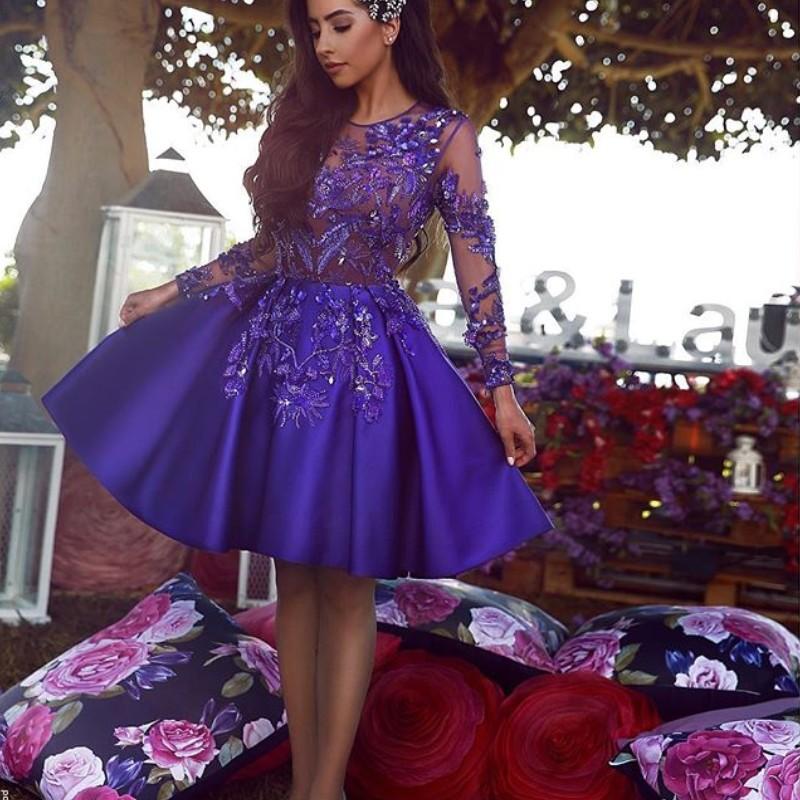 Charming 2019 Homecoming Dresses Satin Lace Appliques Beads Long Sleeve Short Prom Dress Party Wear Dubai Cocktail Dress Custom Made Gowns