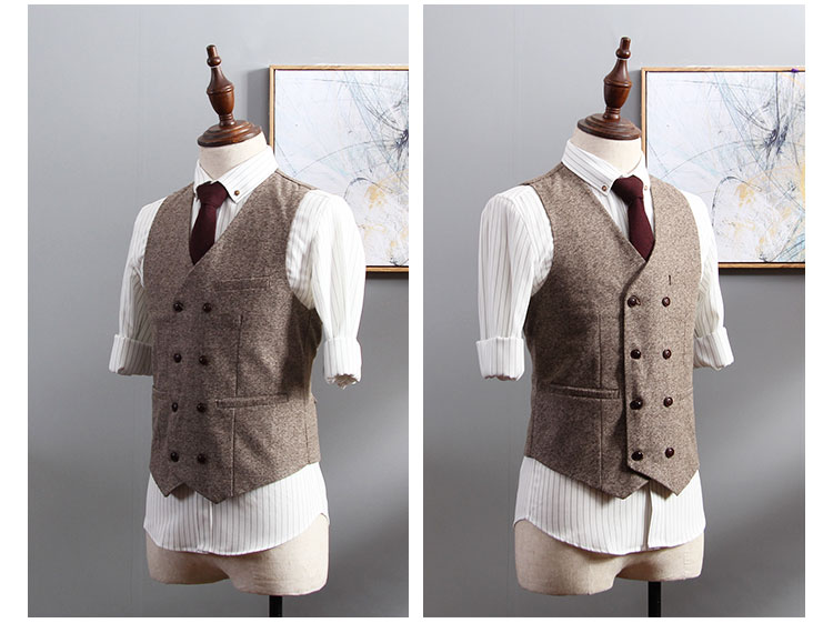 Wool Slim Fit Groom Tuxedos Wedding Suits Herringbone Tweed Groomsmen Best Man Prom Suits (Jacket+Pants+Vest) Custom Made Plus Size