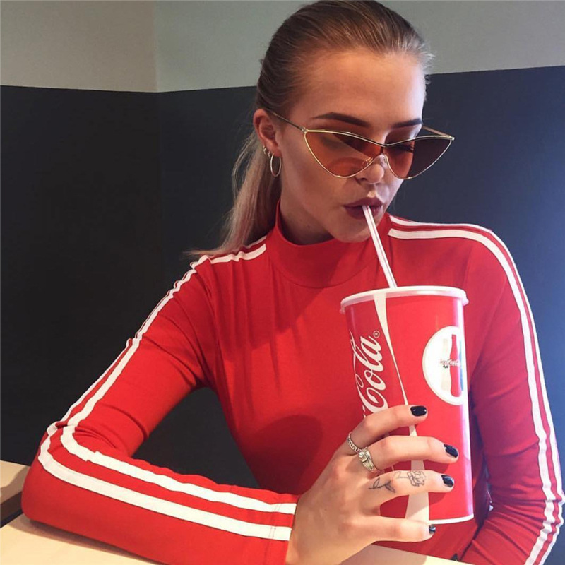Jo Kalin 2018 New Fashion Side Stripped Red Female T-shirt Long Sleeve Letter Printed harajuku fitness t shirt Women Crop Top