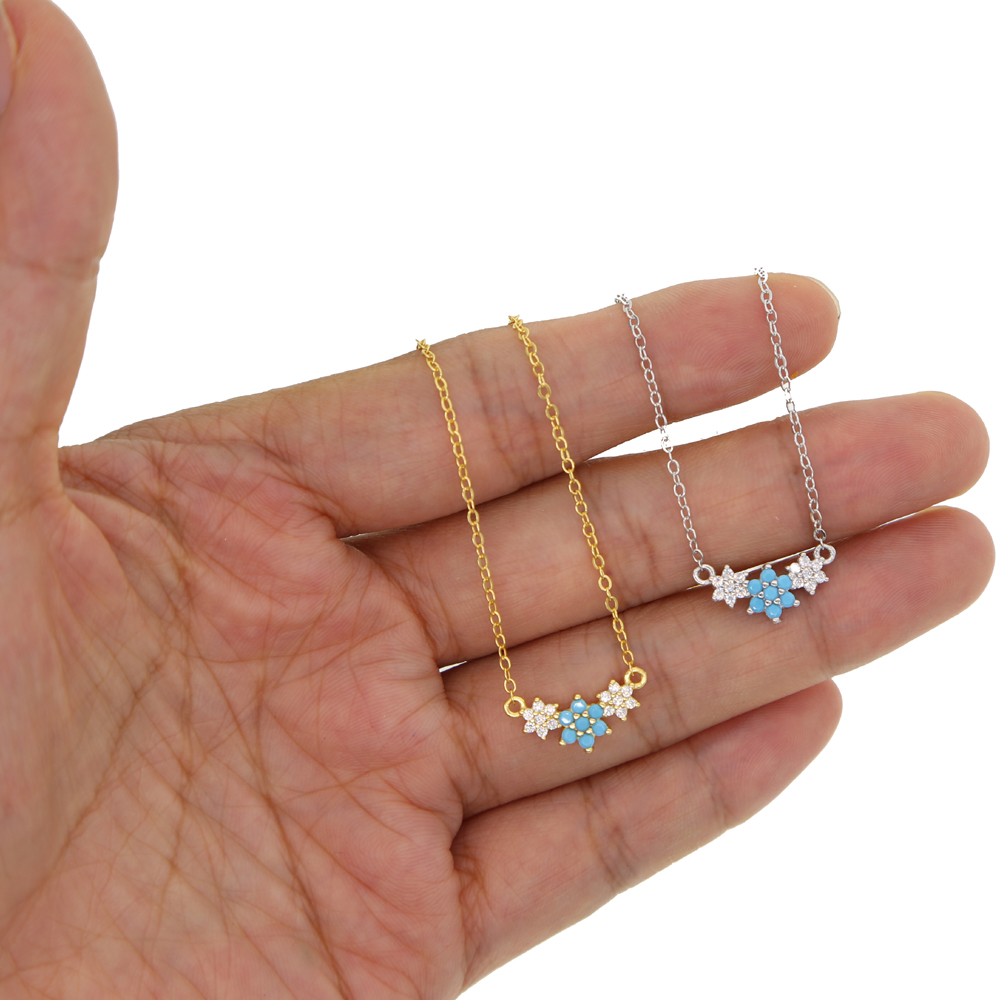 white cz blue turquoise gemstone elegance three flower necklace lovelly 925 sterling silver jewelry minimal dainty silver new jewelry