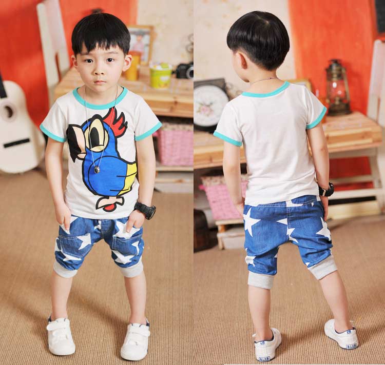 Children Elastic Waist Harem Pants Knee Length Cotton Star Print Denim Pant Blue Boys Clothing Kids Pants Summer Boys 2018
