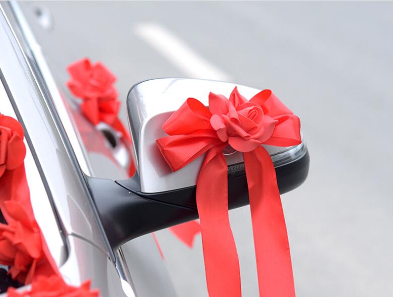 Wedding Car Decoration Flower Set PE Artificial Rose Door Handles and Rearview Mirror Decorate Heart-shaped Wedding Car Decoration