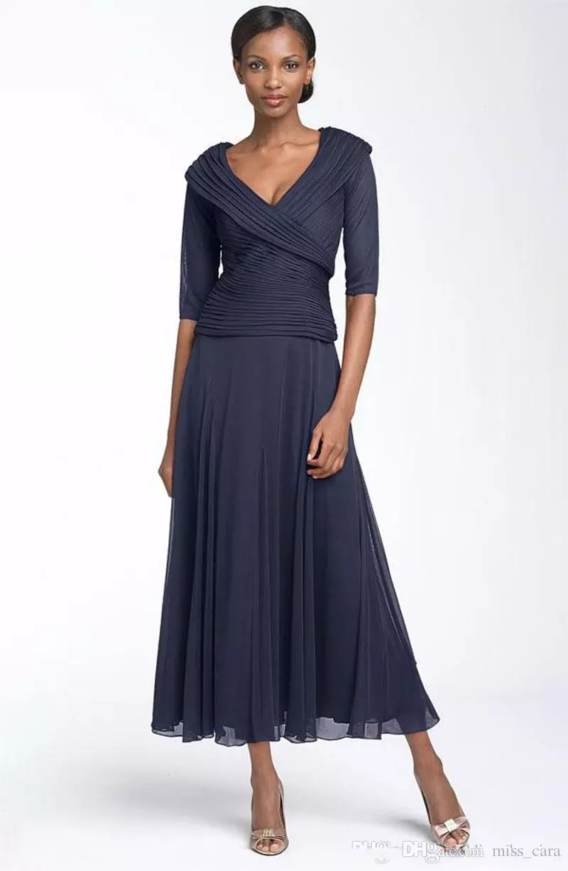 Dark Navy Mother Of The Bride Dresses V Neck Half Sleeve Chiffon Formal Evening Mother Dress Tea length Navy Wedding Guest Gowns