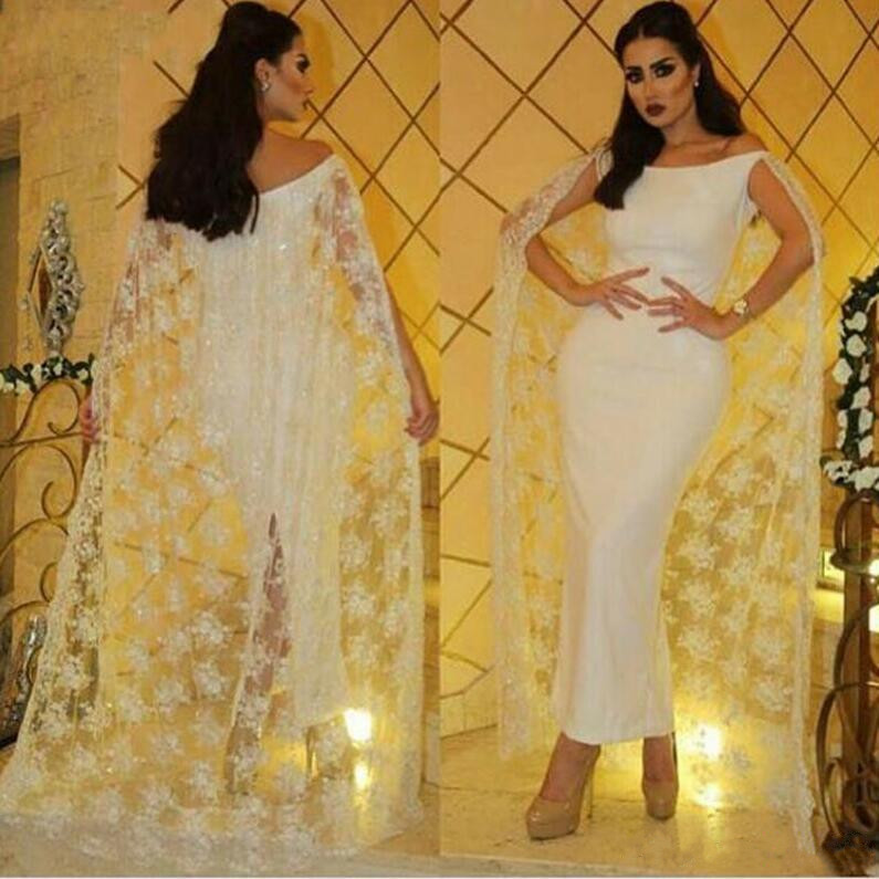 Gorgeous Sheath Evening Dresses Off The Shoulder Saudi Arabia Lace Cape Formal Prom Gowns Vestidos de Fiesta Custom made Party Dress