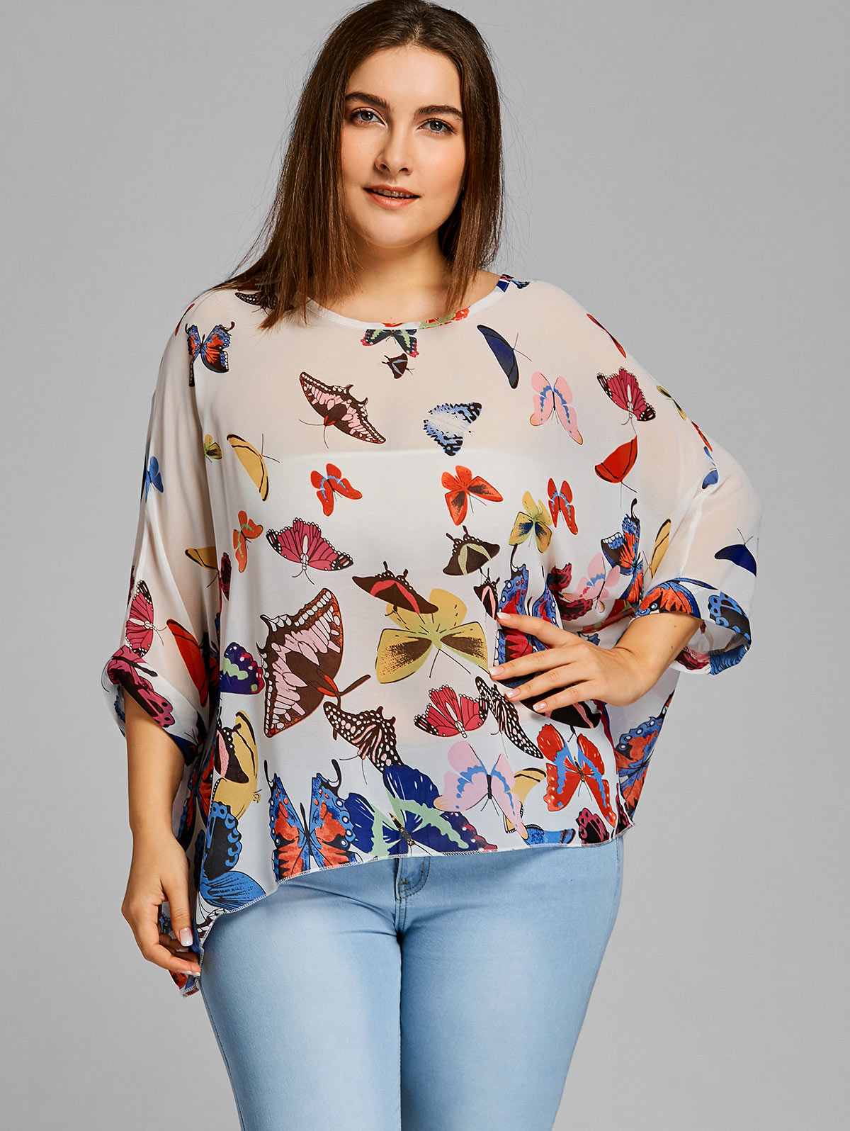 Gamiss Women Butterfly Print Plus Size Chiffon Blouse Casual Batwing Sleeve Long Blouses Shirts 2018 Fashion Tops Blusas 5XL