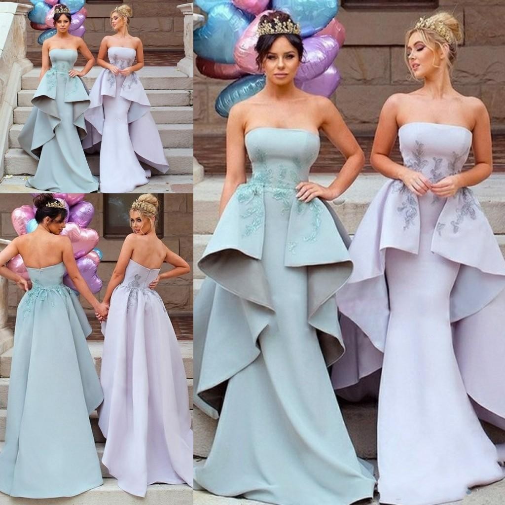 2019 New Hot Elegant Mermaid Bridesmaid Dresses Satin Appliques Sleeveless Strapless with Detachable Train Maid Of Honor Gowns Wedding Guest
