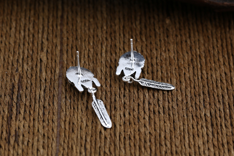 2018 new style 925 sterling silver jewelry hand-made designer antique silver stud earrings skull & feather for men & women
