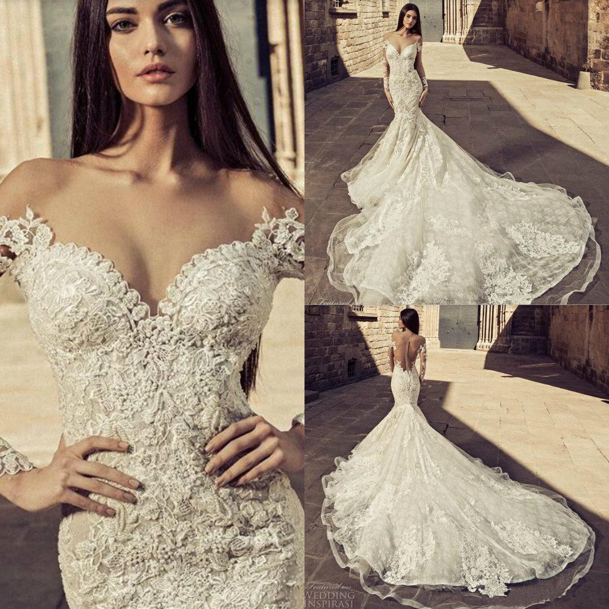 sexy illusion mermaid wedding dresses sheer long sleeves bridal gowns lace appliqued court train african wedding dress