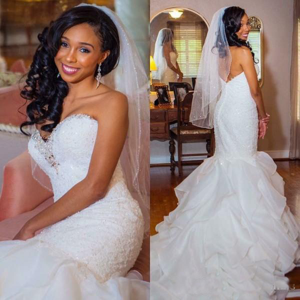 Ruffles Mermaid Wedding Dresses Sweetheart Beaded Court Train Backless Wedding Dresses Arabic Dubai Bridal Gowns