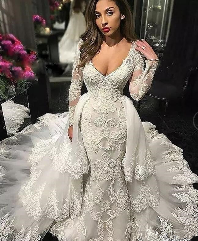 Sexy V Neck 2019 Mermaid Wedding Dresses With Detachable Train Plus Size Wedding Gowns Appliqued abiti da sposa Long Sleeve Wedding Dress, Silver
Sexy V Neck 2019 Mermaid Wedding Dresses With Detachable Train Plus Size Wedding Gowns Appliqued abiti da sposa Long Sleeve Wedding Dress, Silver