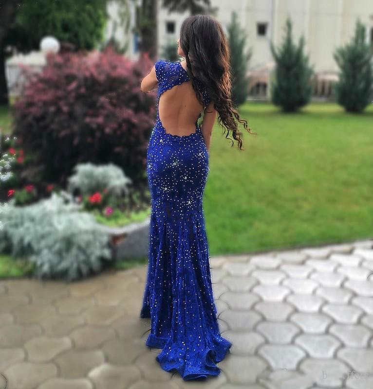 Sparkly Crystal Beaded Backless Lace Evening Elegant Mermaid Blue Party Pageant Dresses Prom Gowns Vestido De Festa Open Back 0510
