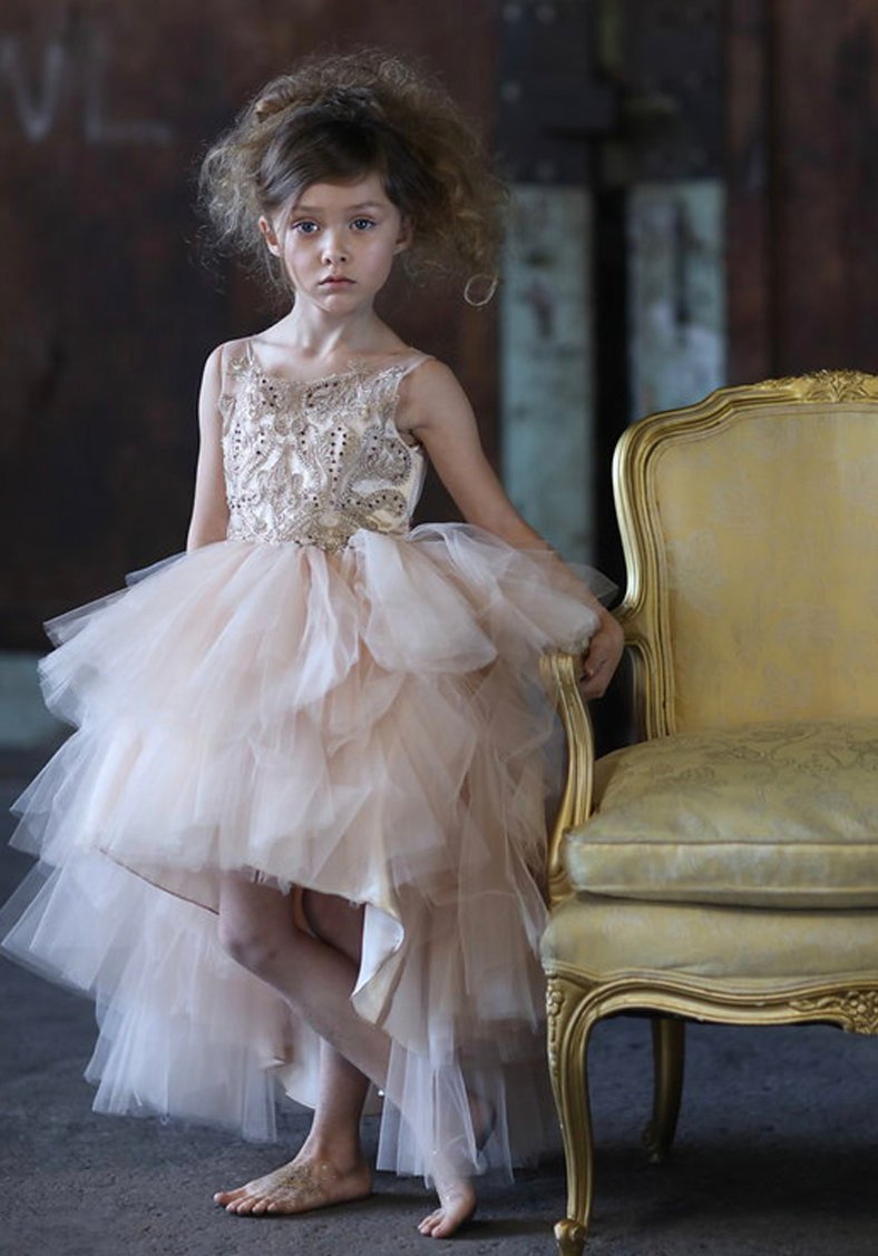 Fahion High Low Eaded Wer Girl Dree For Wedding Appliqued Toddler Pageant Gown Tulle Tiered Kid Prom Dre