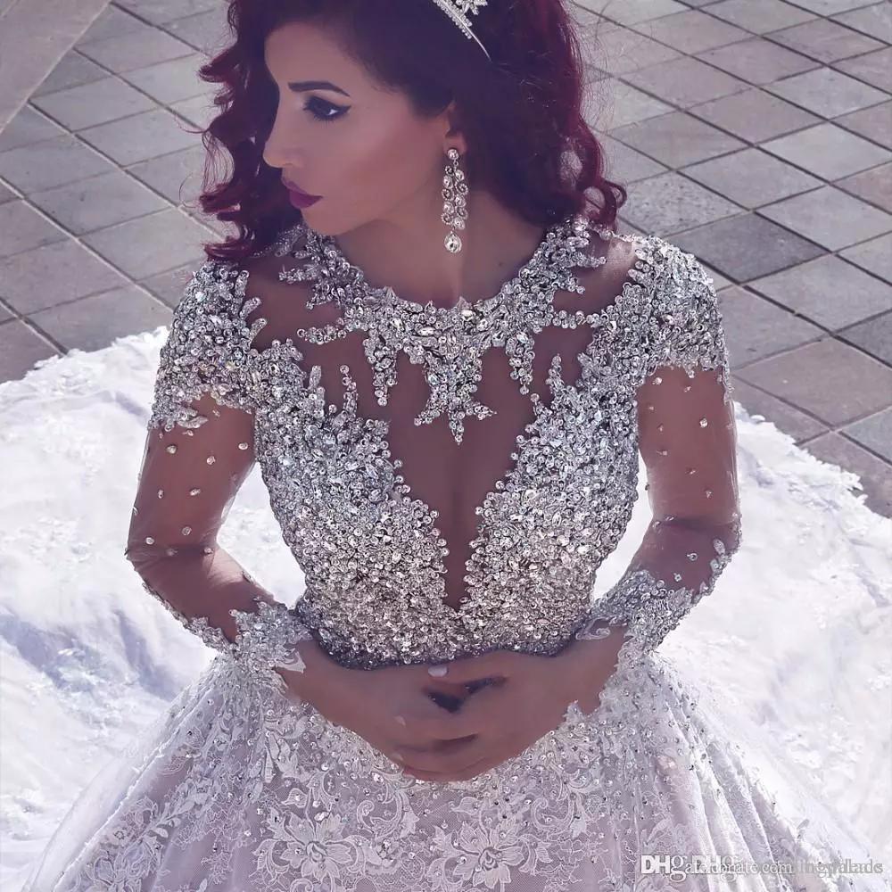 Lace Luxurious Full Dresses Beads Rhinestone Back Applique Long Illusion Sleeves Cathedral Train Wedding Bridal Gowns