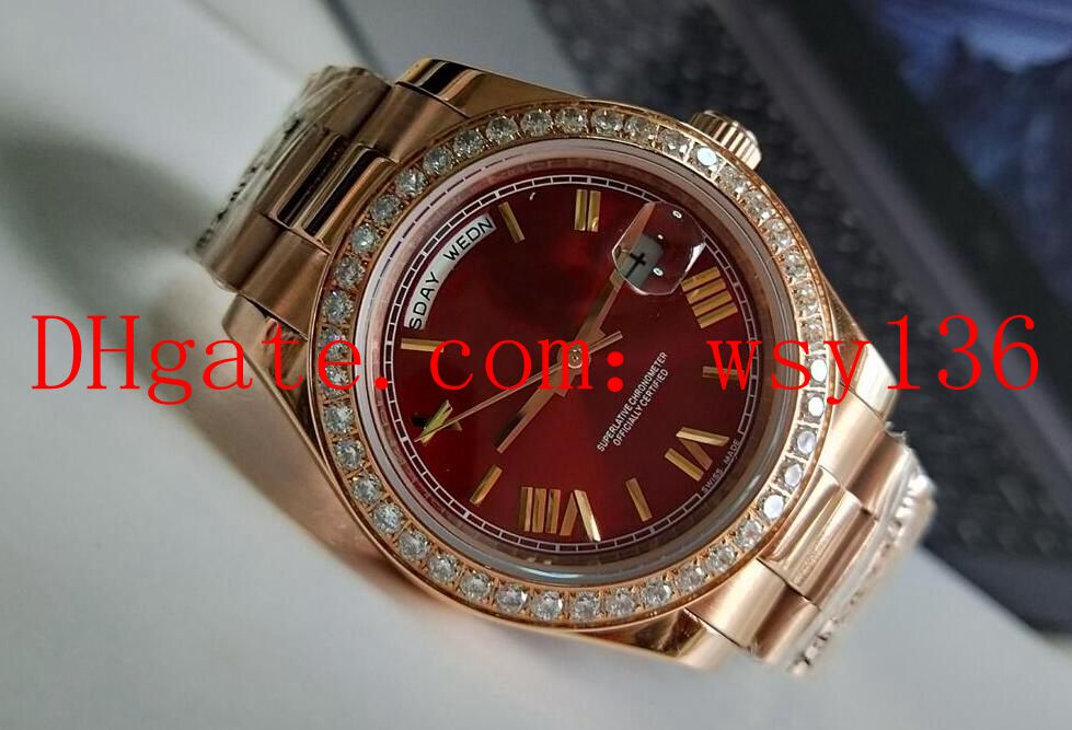 Top Quality Watch Day Date President diamond 40mm 18kt Yellow Gold Red Roman Dial Mechanical Automatic Movement Mens Wrist Watches
Top Quality Watch Day Date President diamond 40mm 18kt Yellow Gold Red Roman Dial Mechanical Automatic Movement Mens Wrist Watches