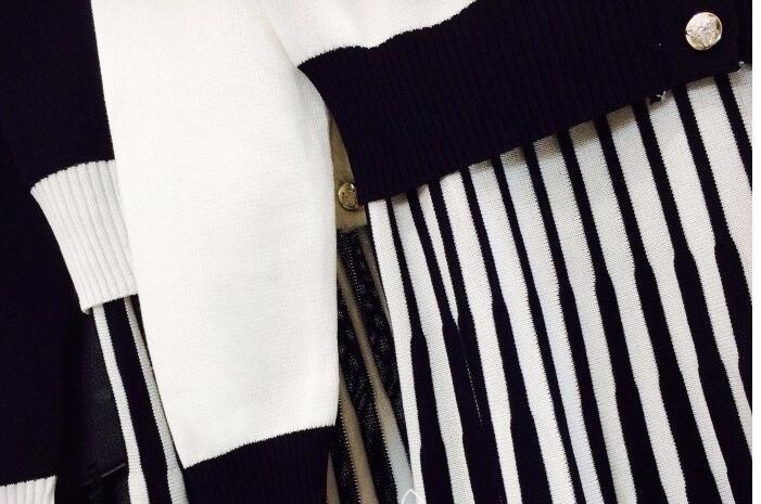 New spring autumn fashion womens elegant black white color block bow collar pearl buttons knitted sweater and pleated long skirt dress suit