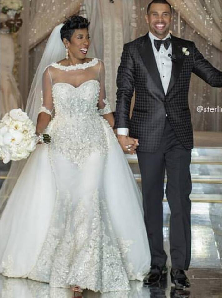 Vintage Mermaid Wedding Dresses With Detachable Skirt Jewel Neck Sweep Train Appliques Beads Lace Bridal Gowns 3/4 Long Sleeve Wedding Dress