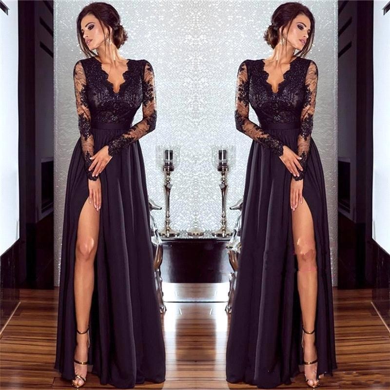 2018 Black Dark Red Evening Dresses Wear V Neck Sheer Long Sleeves Lace Appliques Side Split Plus Size Formal Prom Party Dress Gowns, Fuchsia
2018 Black Dark Red Evening Dresses Wear V Neck Sheer Long Sleeves Lace Appliques Side Split Plus Size Formal Prom Party Dress Gowns, Fuchsia