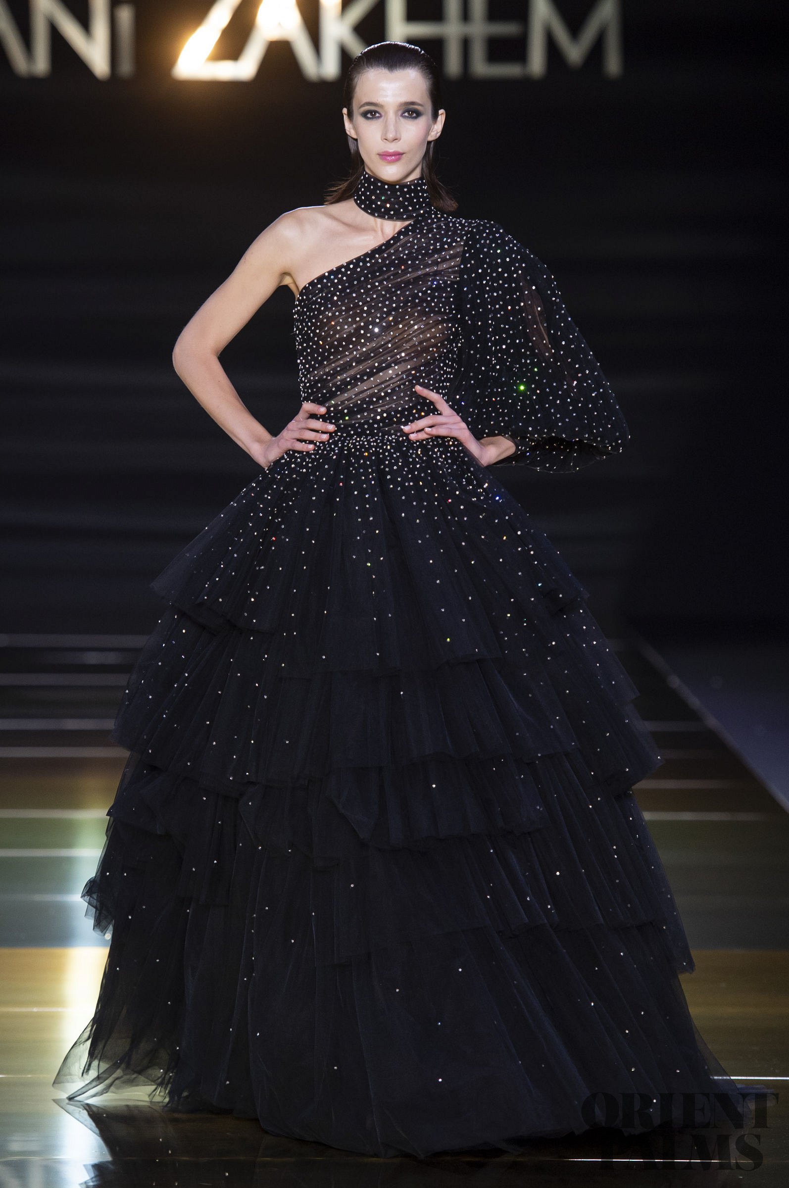 Black Prom Dresses With Bling Gitter Rhinestone High Neck One Shoulder Tiered Skirt Illusion Sweep Train Quinceanera Dresses Special Gowns