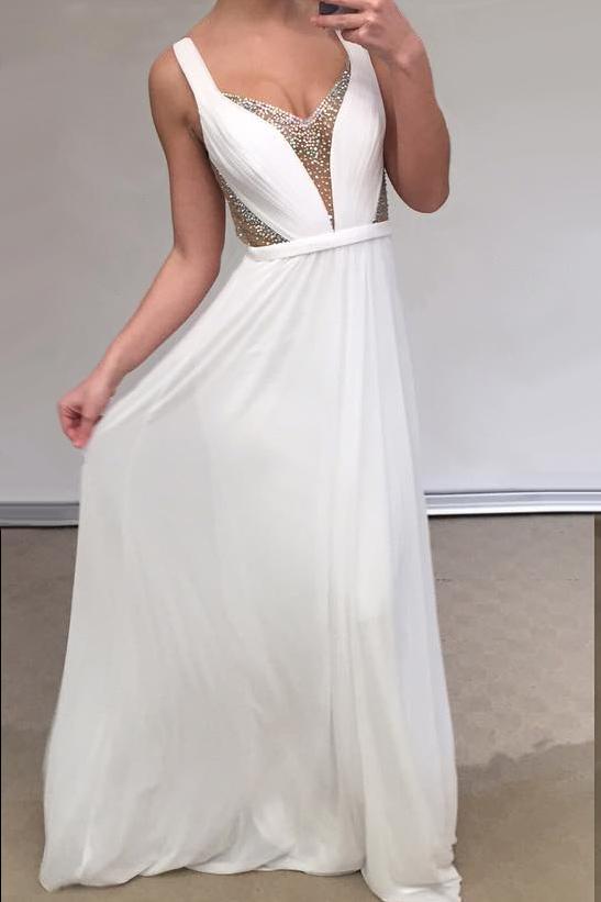 Sexy Open Back White Prom Dresses Long Chiffon A Line Elegant Cheap Beaded Straps Glitter Evening Gowns V Neck Formal Party Dress