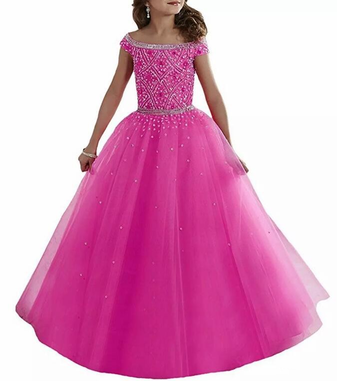 Royal Blue Off Shoulders Tulle Flower Girl Dresses Crystals Beaded Corset Back Floor Length Girls Pageant Gowns Kids Formal Party Wear