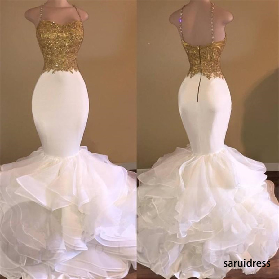 Sexy Golden&White Mermaid Prom Dresses Spaghetti Strap Appliques Lace Ruffles Tiered Party Dress Fashion Backless African Prom Dress, Same as picture
Sexy Golden&White Mermaid Prom Dresses Spaghetti Strap Appliques Lace Ruffles Tiered Party Dress Fashion Backless African Prom Dress, Same as picture