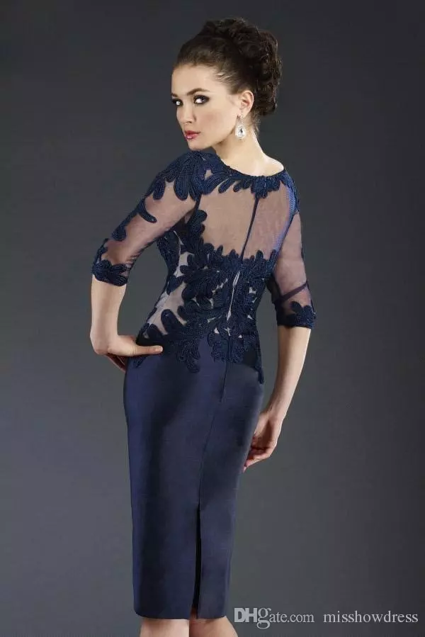 Lace Sheath Mother Of The Bride Groom Dresses Scoop Neck Half Sleeve Satin Wedding Guest Dress Knee Length Appliques Mother Evening Gowns