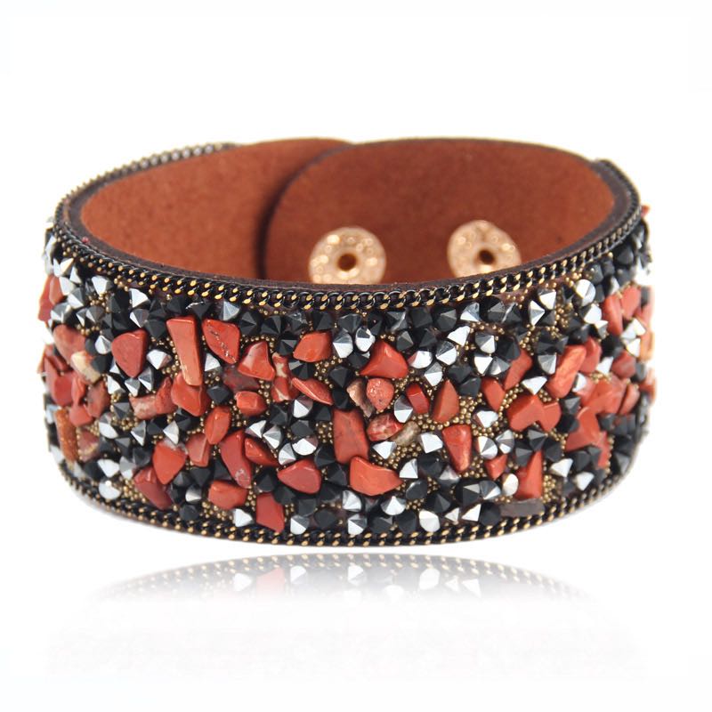 Irregular Natural Stone Bangle Hand Made PU Leather Bracelets Crystal Gravel Stones Bracelet Korean Velvet Width 3cm