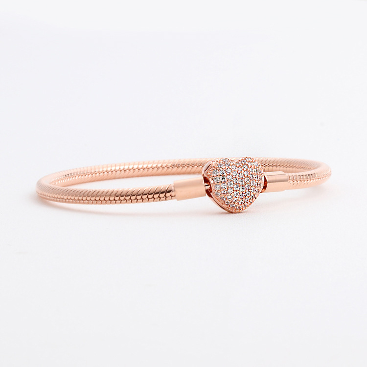 18k Gold Bracelet Womens Heart Pendant CZ Diamond Bracelet on 925 Silver Snake Chain High Quality Fashion Jewelry Wholesale Rose Gold Finish Z250910