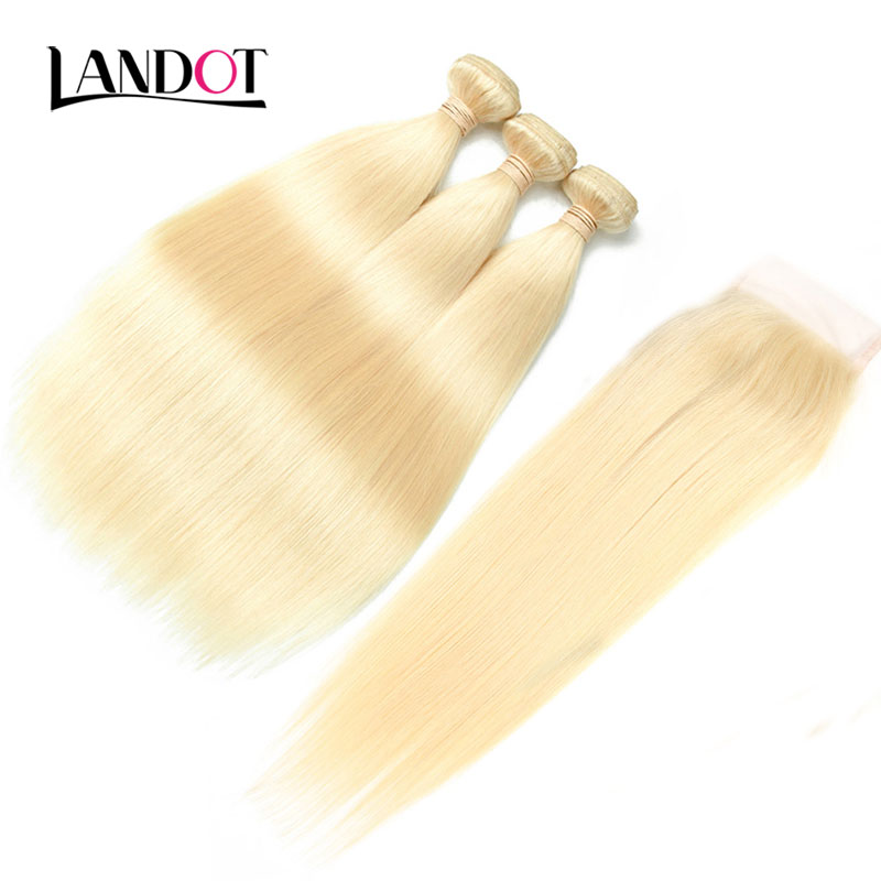 9A Brazilian Straight Virgin Human Hair Weaves 4 Bundles With Bleach Blonde Color 613# Lace Closure Peruvian Malaysian Indian Cambodian Hair